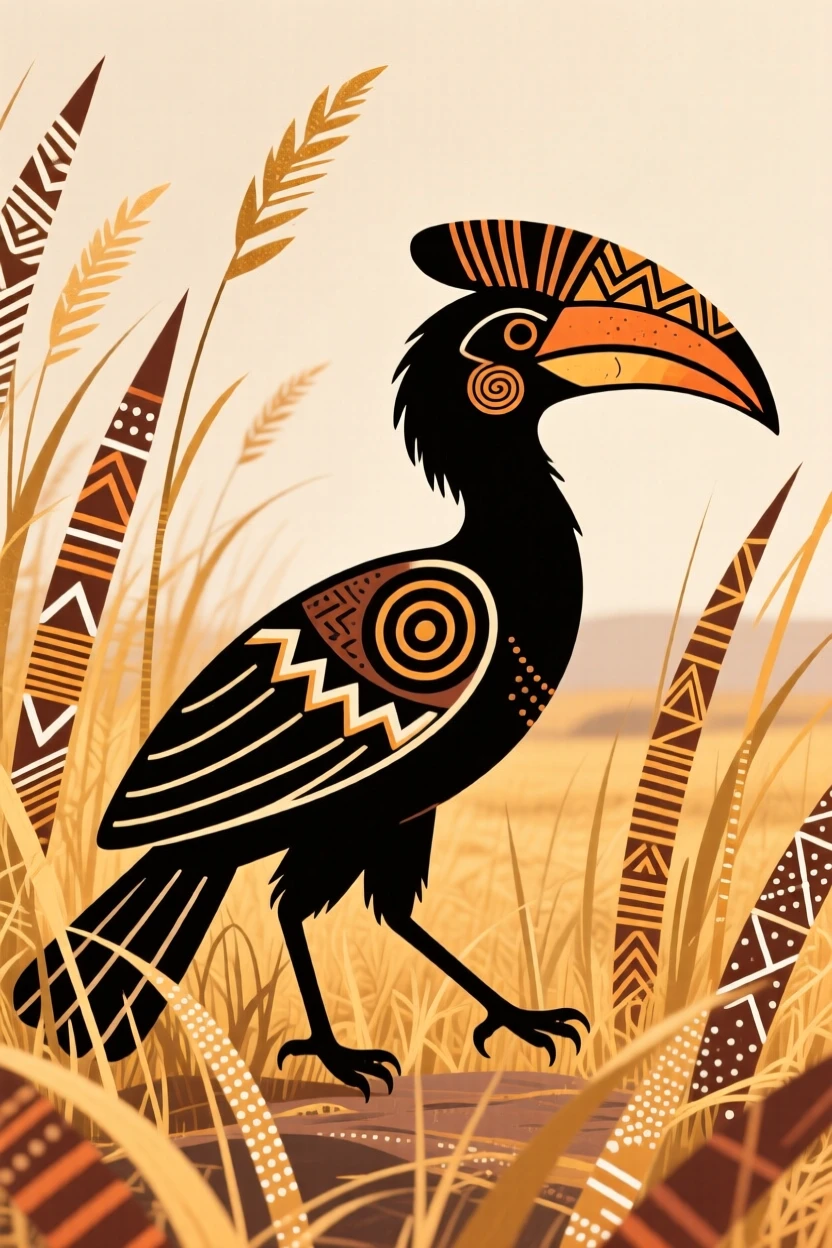 A hornbill walking through tall golden grass.