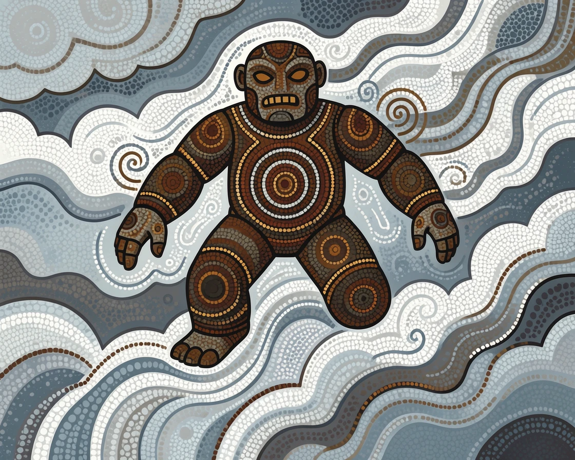 A stone golem guardian soaring above storm clouds