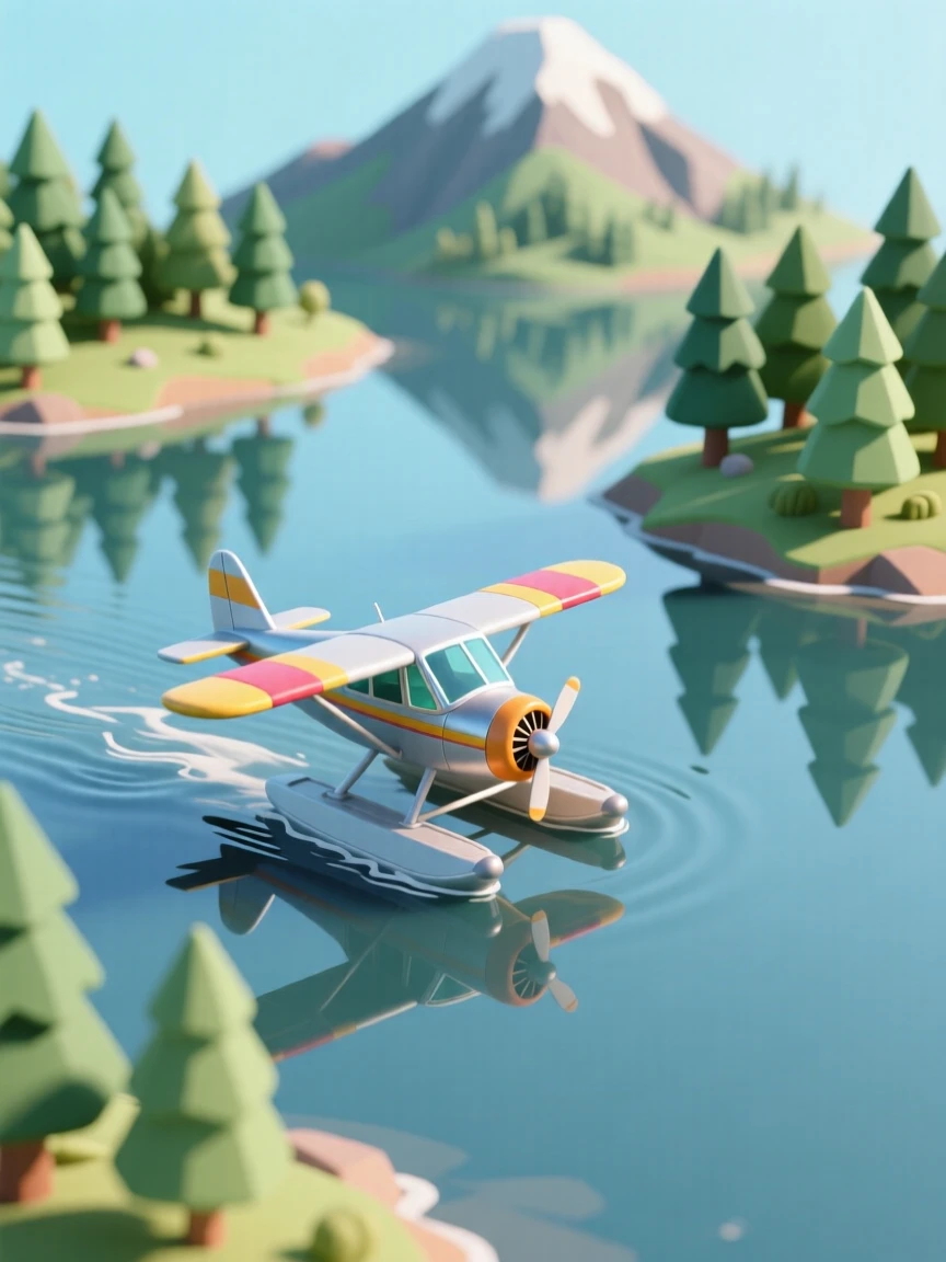A small seaplane taxiing across a calm mountain lake, its floats leaving gentle ripples, pine forests reflected in the water.