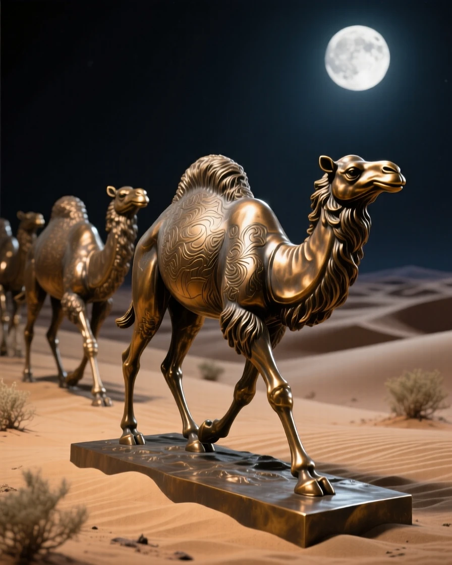 A herd of wild camels crossing a moonlit desert, with fine, lifelike detail in fur and feather, evoking wonder and majesty