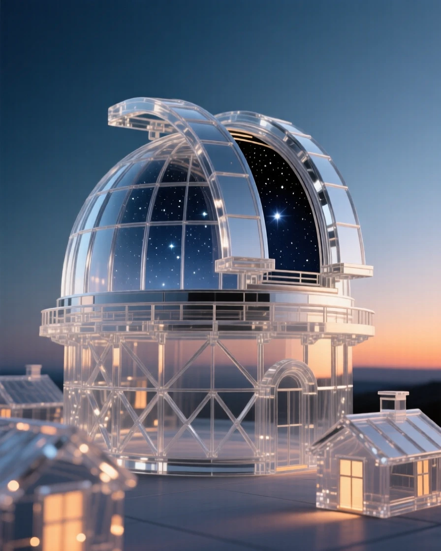 A domed observatory opening its roof to a starlit sky as the last light of day catches the surrounding rooftops