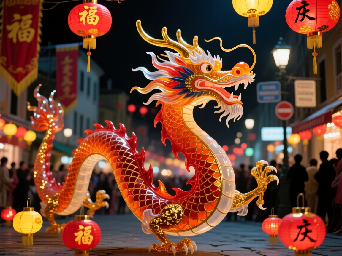 A traditional Chinese dragon dance winding through a festival street at night, festive and vibrant.