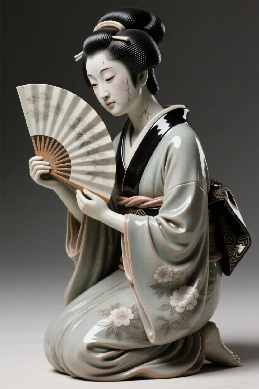 A geisha holding an open fan kneeling in reverent tribute, with weathered features telling silent stories, stirring a sense of timeless heritage.