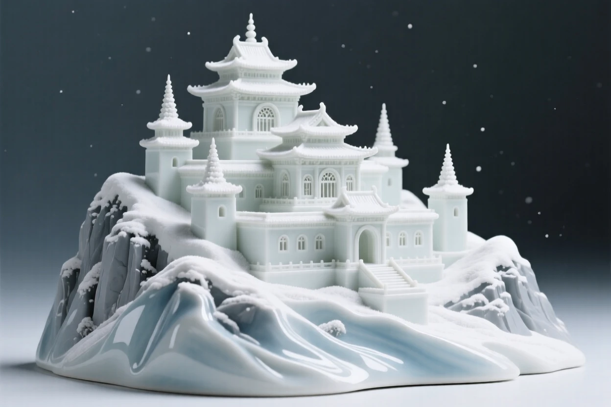A grand view of a mountaintop monastery, dusted lightly with snow.