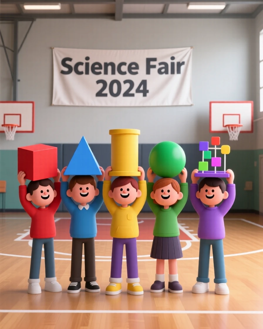 A classroom of students raises colorful science fair projects together, proud smiles all around the gymnasium.
