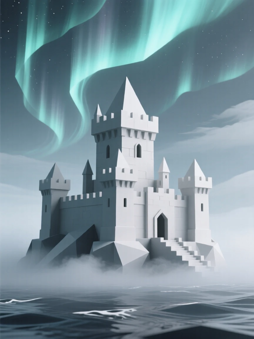 A castle rising from a sea of fog, beneath a sky filled with swirling aurora light. intricate details enrich the ancient architecture. The atmosphere is epic and awe-inspiring.