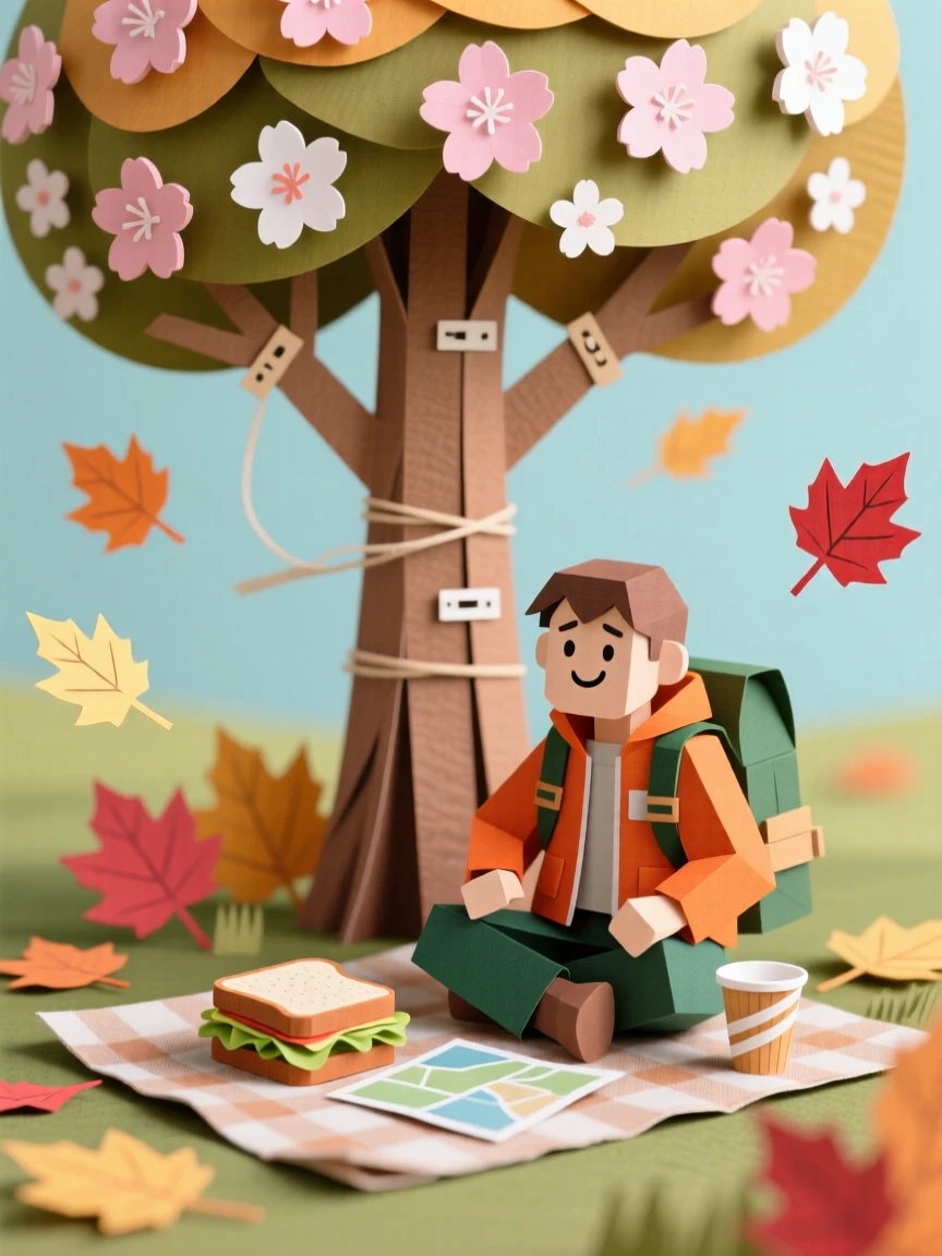 A weary but happy hiker picnicking beneath a blossoming tree, with autumn leaves drifting past, capturing pure joy and togetherness.