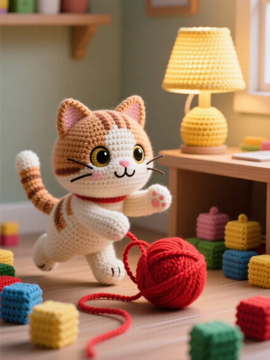 a content kitten playing with a ball of yarn, batting it gently across the floor, is shown chasing the yarn in a happy tumble within a small home office corner with a cozy lamp beside a scattering of colorful toy blocks, capturing tender, unspoken affection.