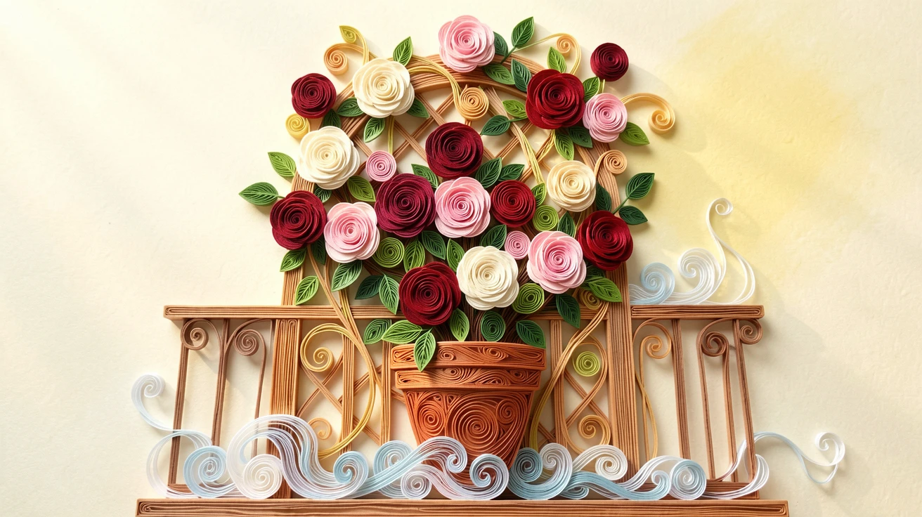 A serene botanical study of a garden trellis overflowing with climbing roses in a terracotta pot on a sunny balcony, under a light mist rising from the ground, shot from a low angle looking up toward the light.
