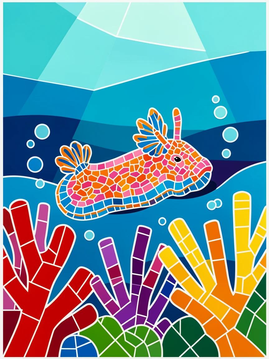 A vivid underwater scene of a vibrant nudibranch crawling across a colorful coral reef, rich in color and serene movement.