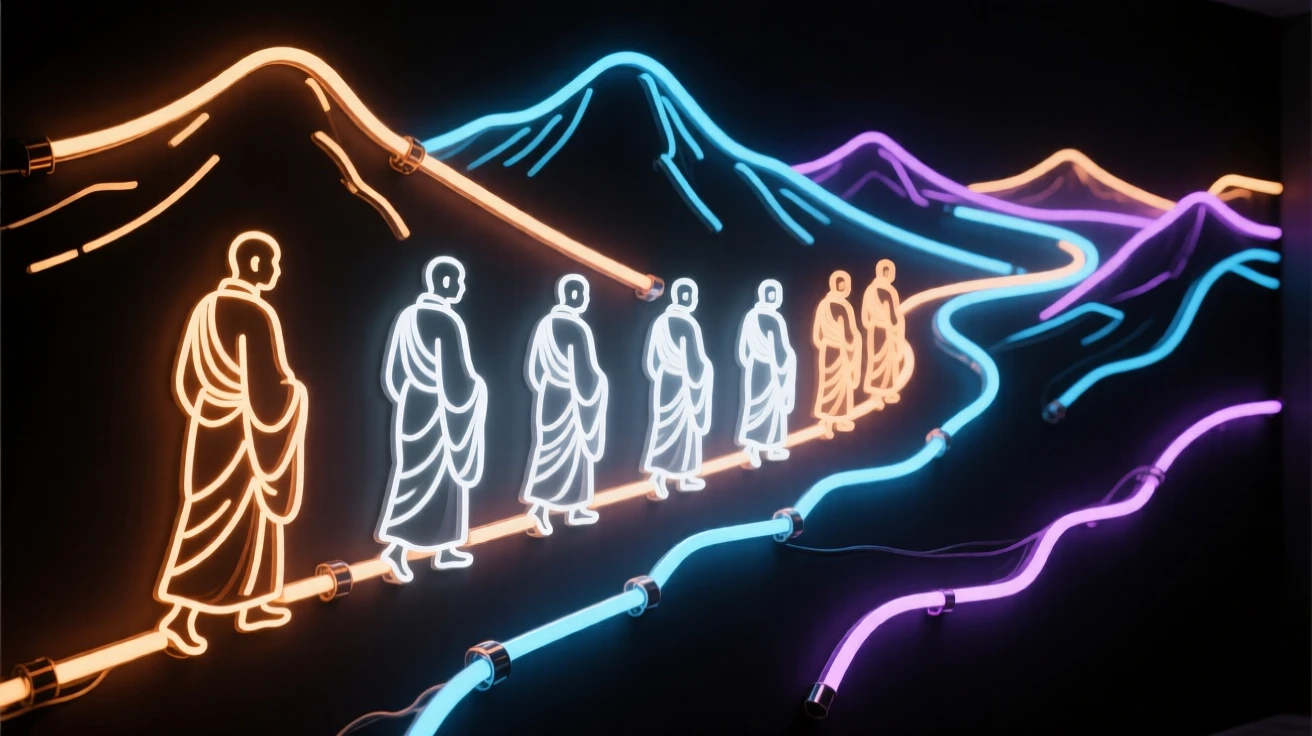 A group of monks walking single file along a mountain path.