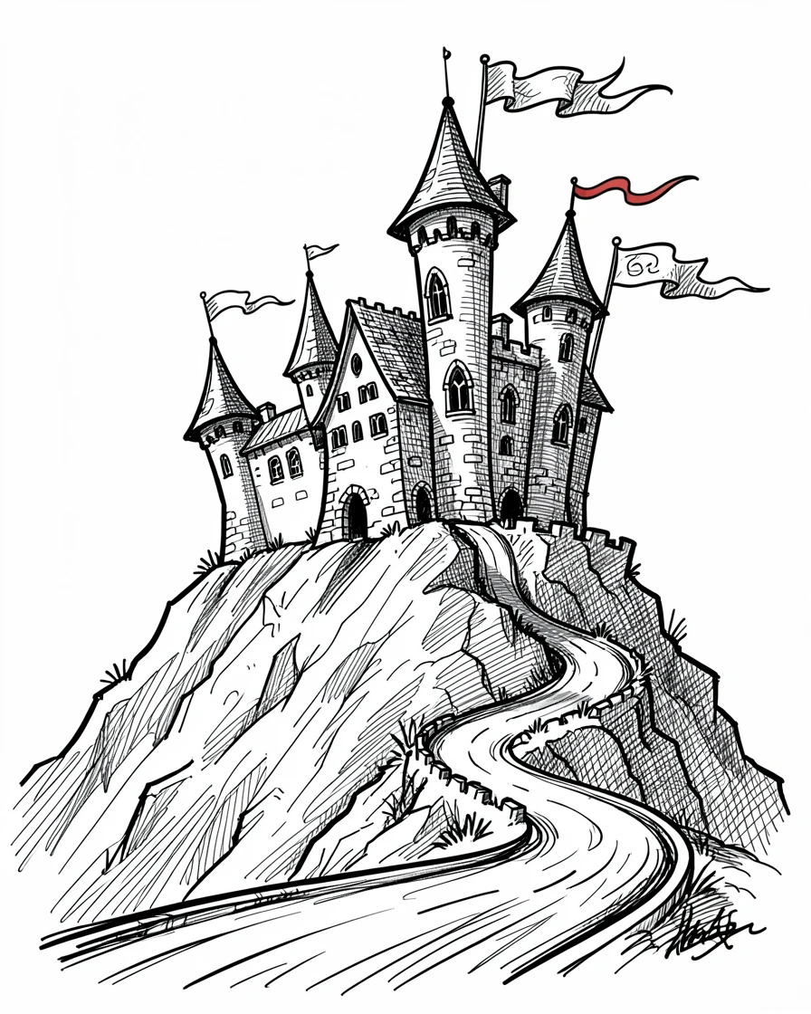 A grand old castle on a hilltop beside a winding mountain road.