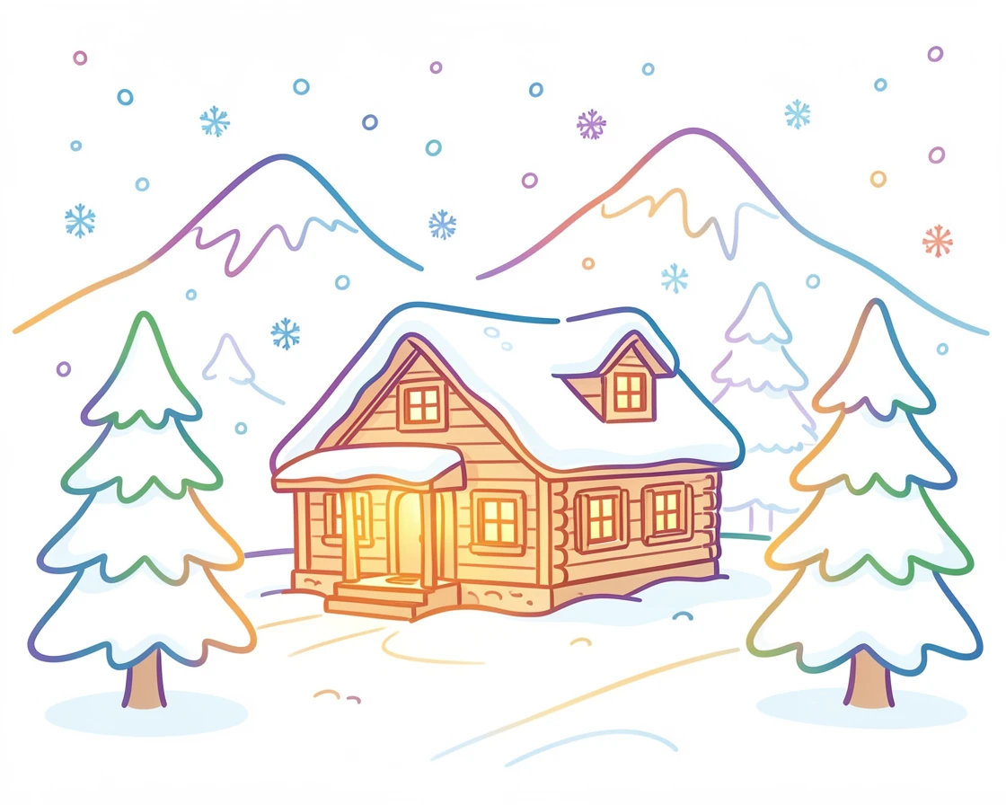 A winter mountain cabin glowing warmly amid heavy snowfall.