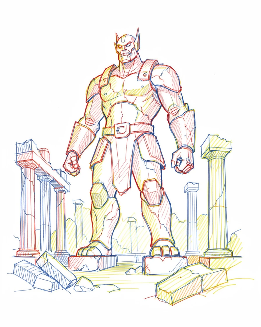 A giant guardian statue awakening amid crumbling temple ruins