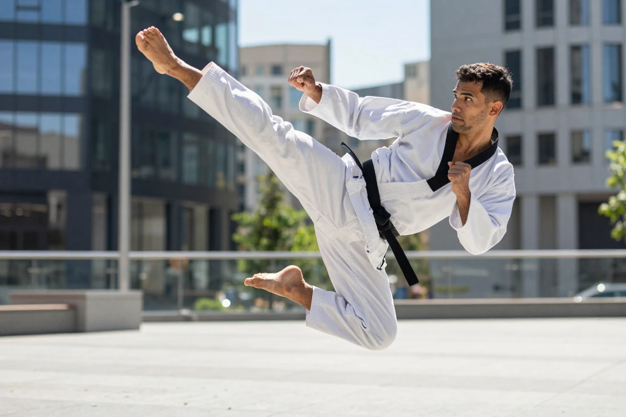 A martial artist performing a high kick mid-air