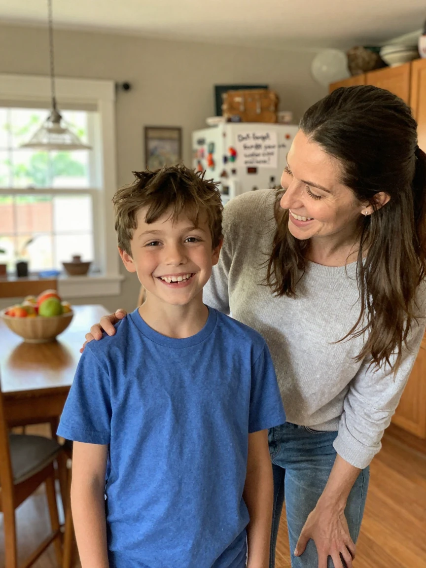 A boy loses his first tooth and grins with a gap-toothed smile at his delighted mother.