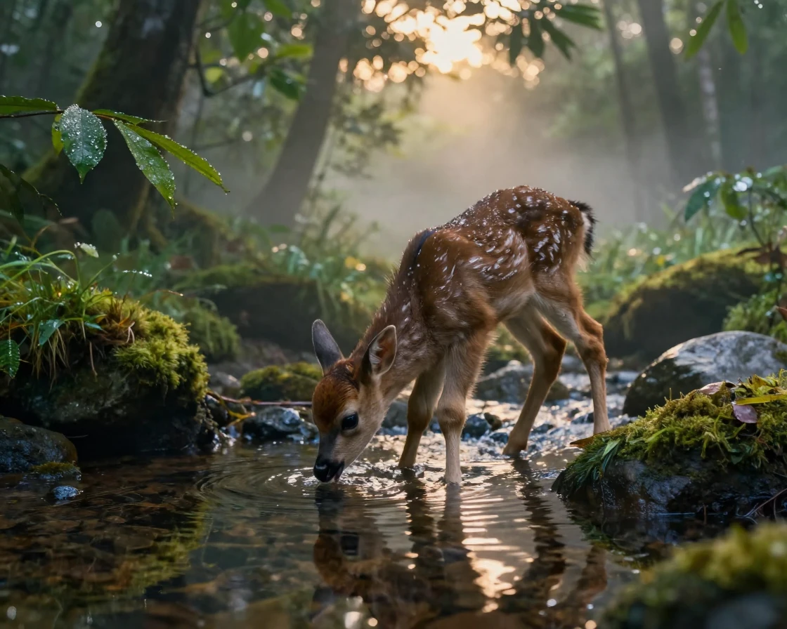 A young fawn drinking from a clear mountain stream deep within a misty rainforest as the day slowly fades