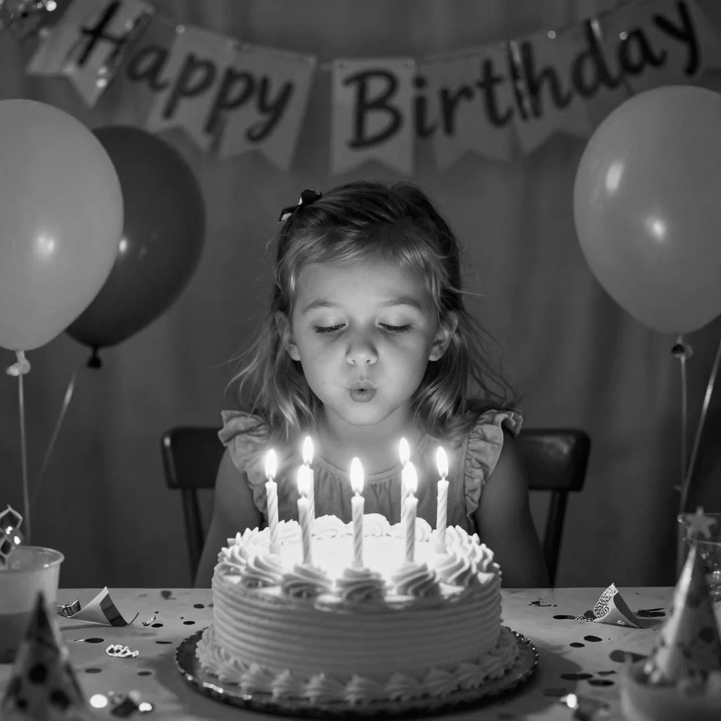 A little girl blows out candles on a birthday cake at a colorful birthday party.