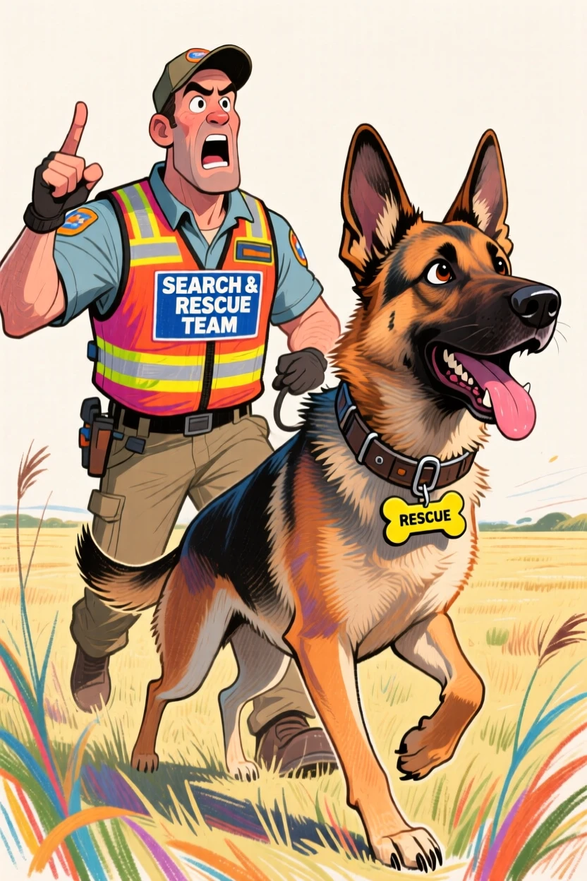 A search-and-rescue dog handler giving commands to an alert working dog in the field.