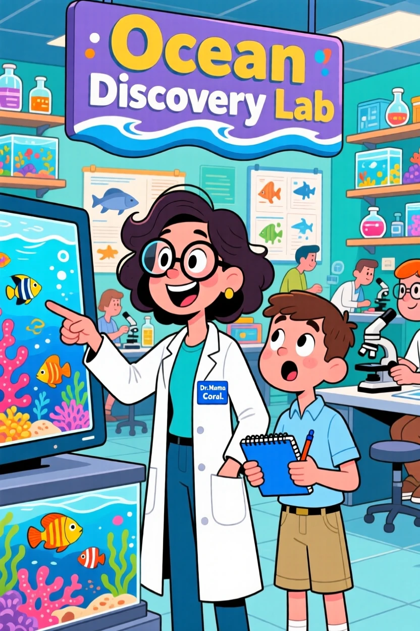 A vibrant profession-themed portrait of a passionate marine biologist training a wide-eyed new recruit, in a bustling and colorful workplace.