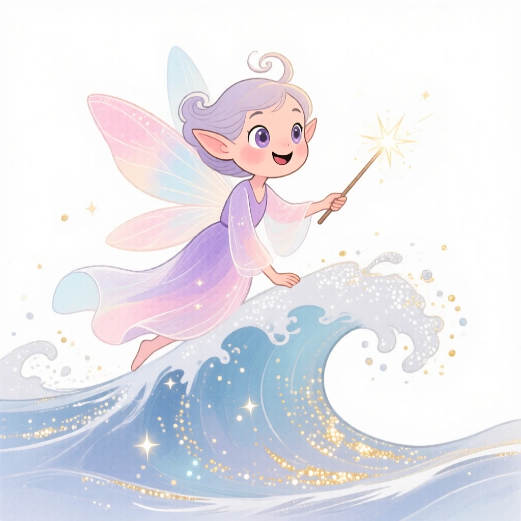 A fairy godmother riding a wave of shimmering stardust