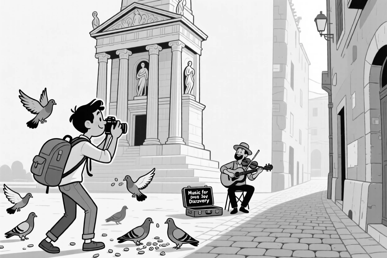 A traveler feeding pigeons in a grand old square, leaning at an awkward angle trying to fit the whole monument in frame, set puttering down a narrow, sun-baked alley. A street musician plays gently in the background. It's a joyful tribute to the thrill of travel and discovery.