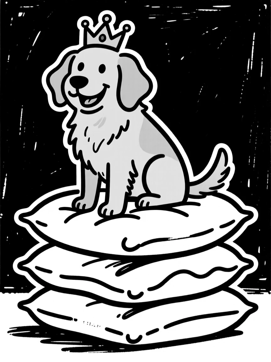 A golden retriever perched proudly on a stack of pillows like a tiny king.