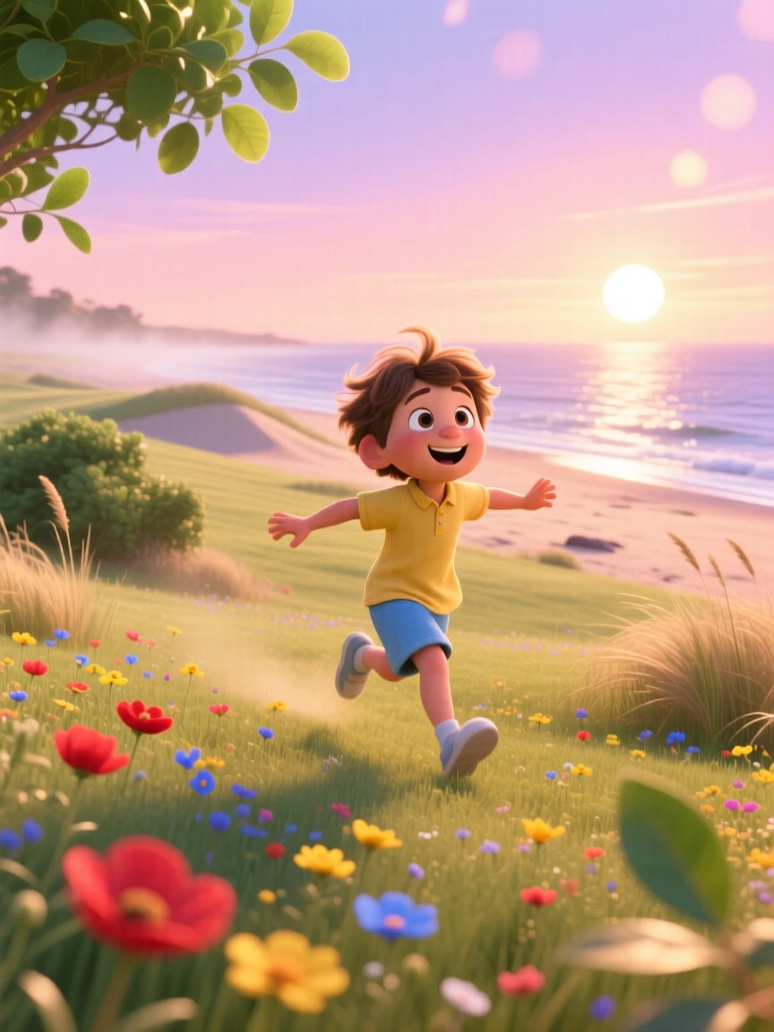 A child running through a field with arms outstretched unfolds on a quiet beach at sunrise, with a gentle breeze rustling nearby leaves. The atmosphere glows with gratitude and delight.