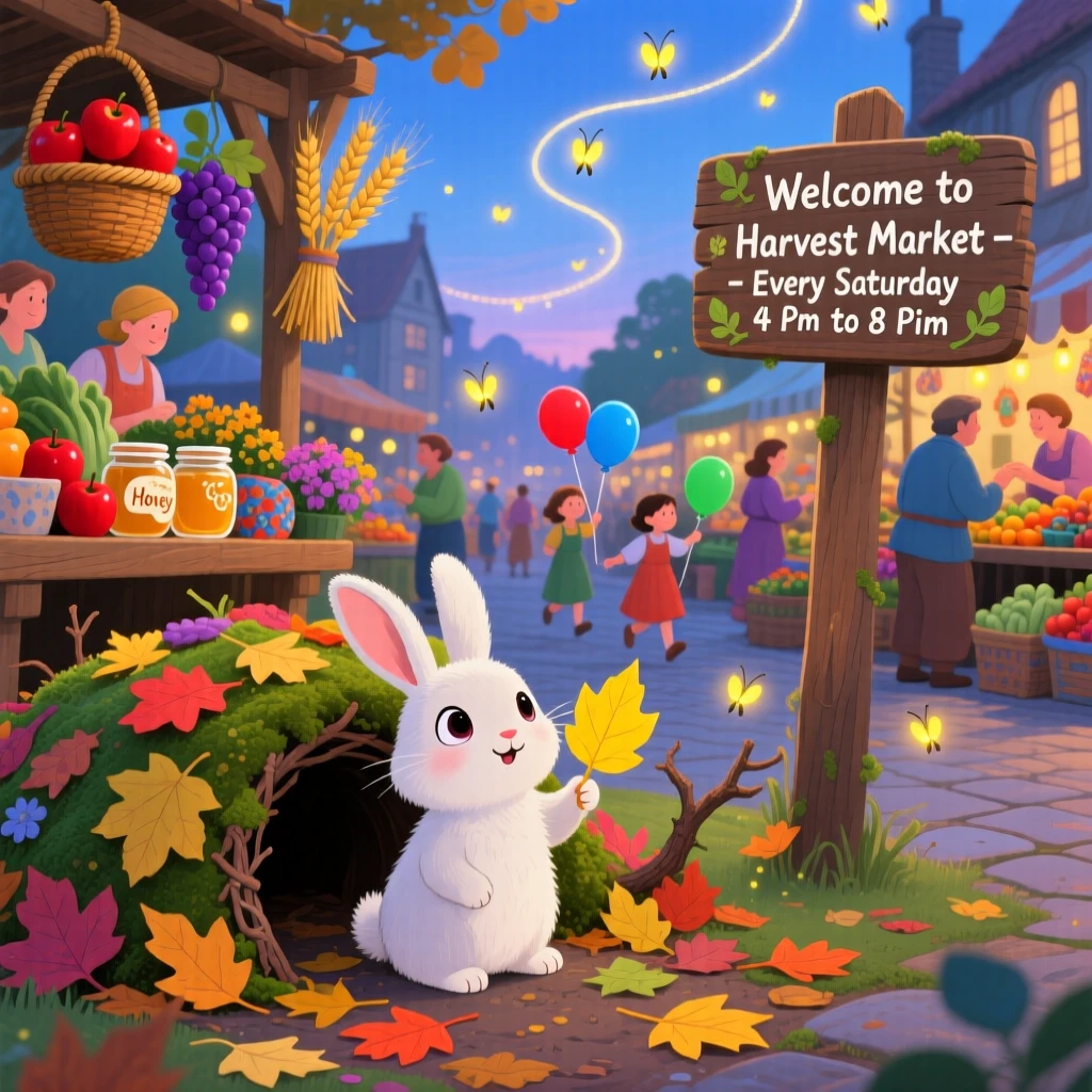 A curious bunny pauses from building a tiny den out of leaves to look up in a bustling market square, while fireflies begin to glow.