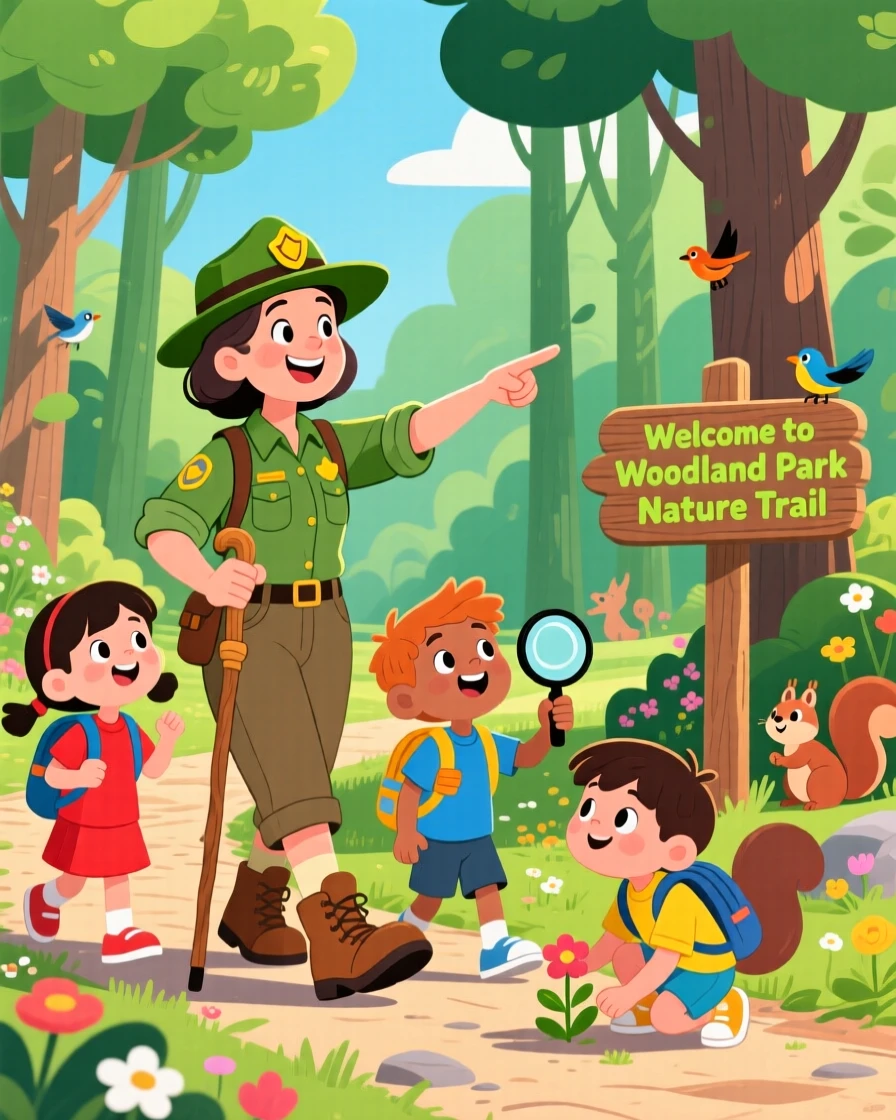A park ranger guiding a group of children on a nature walk.