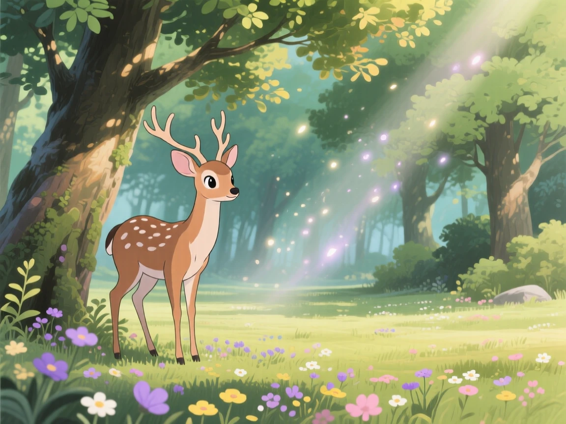 A deer pausing at the edge of a quiet forest clearing, surrounded by scattered wildflowers, radiating pure charm.