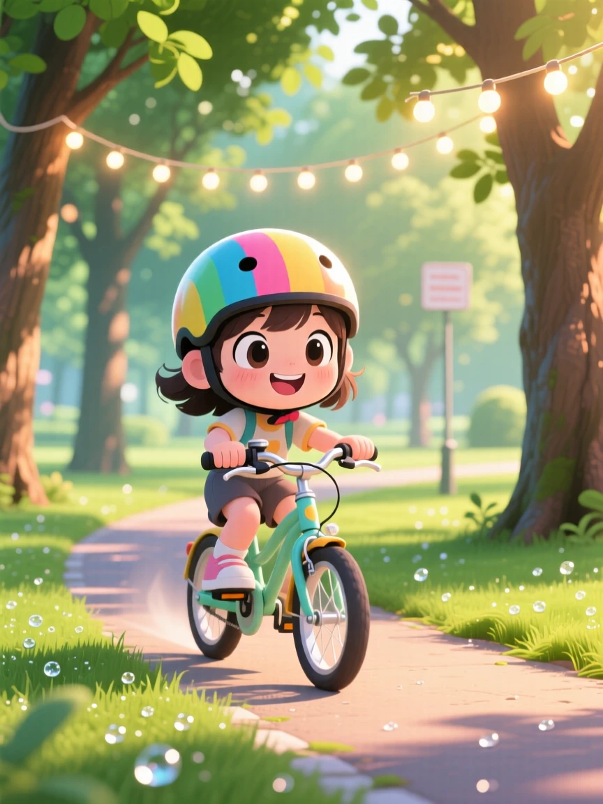 Three-quarter view: a young girl in a helmet, pedaling a bike through a park trail, set against a tree-lined bike path as morning dew glistens on the grass, with glowing string lights and a mood of playful mischief.