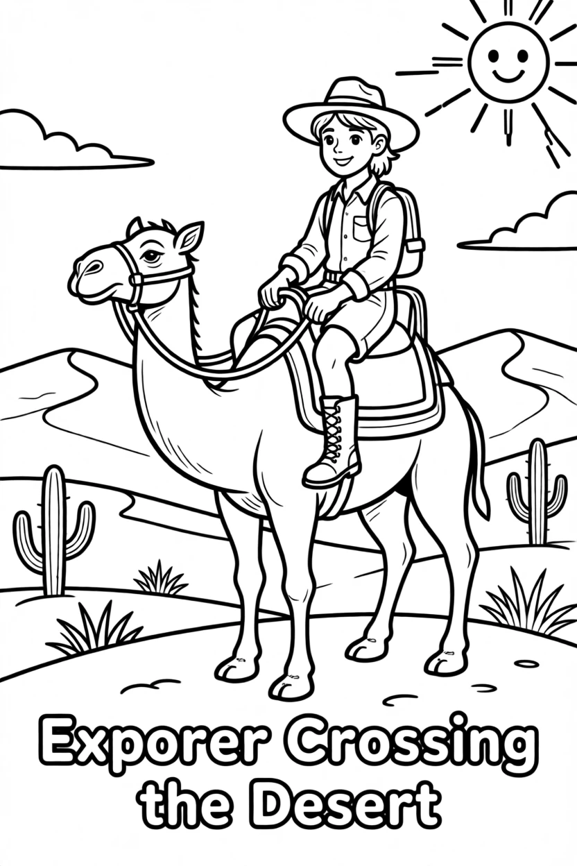 An explorer riding a camel across golden desert dunes