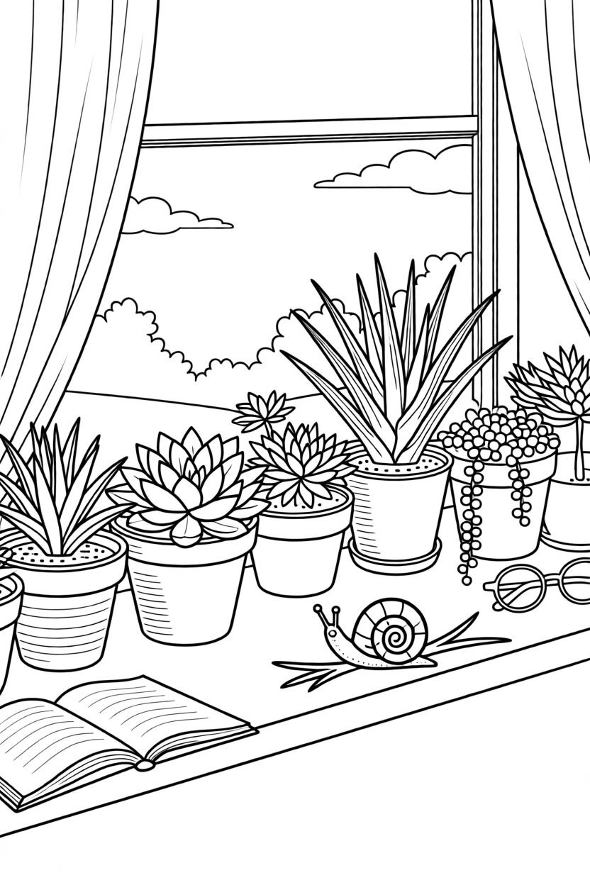 A windowsill lined with potted succulents, with a small snail resting on a nearby stem.