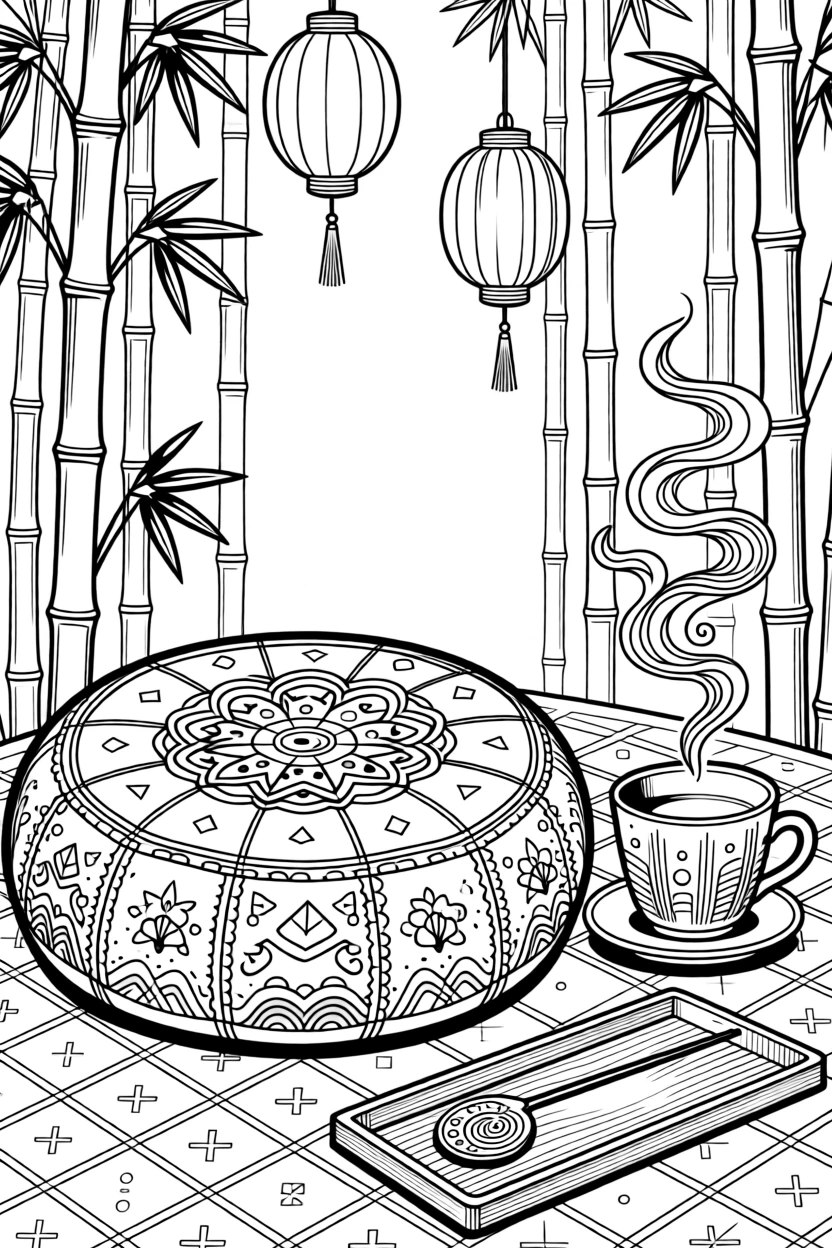 A meditation cushion set beside a softly steaming cup of tea and incense.