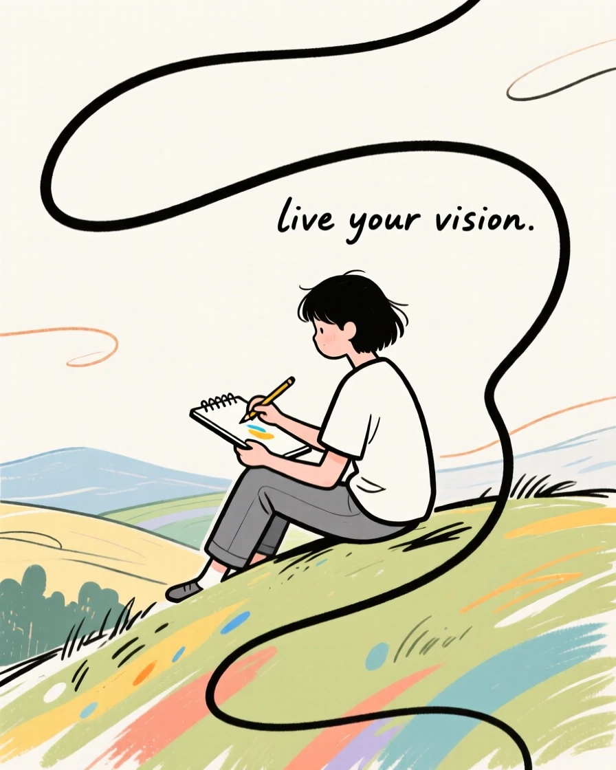 A young artist sketching a landscape while sitting on a hillside.