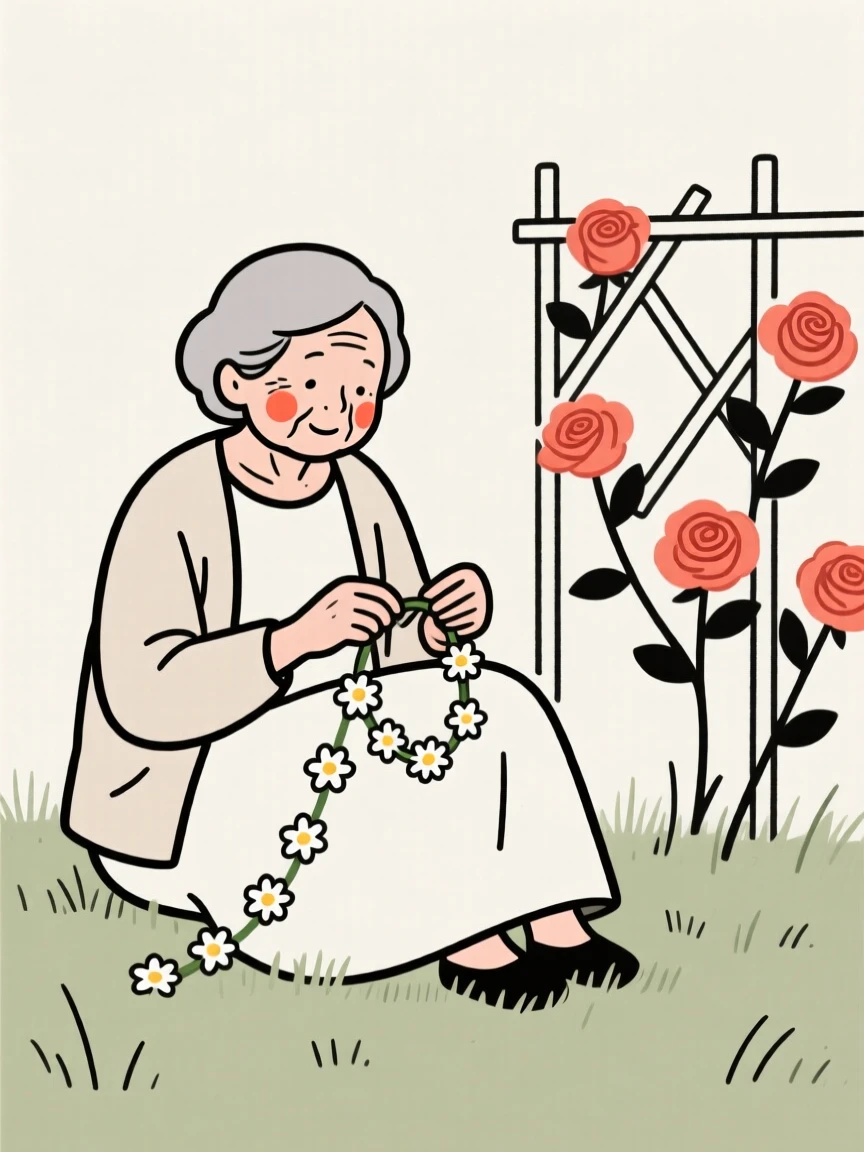 A grandmother making a daisy chain in the grass, beside a blooming rose trellis.