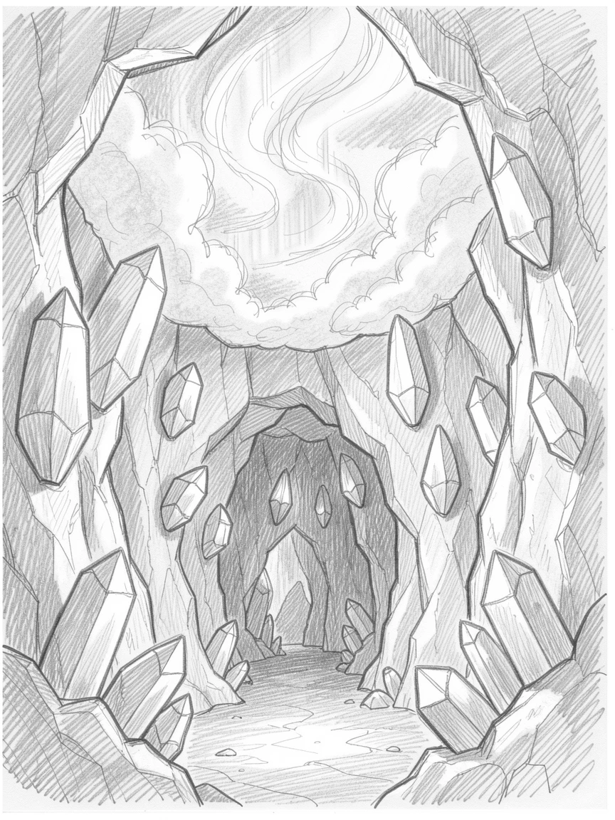 A magical, imaginative vision of a crystal cave filled with glowing gemstones beneath a sky swirling with auroras, with shafts of light piercing through the clouds.