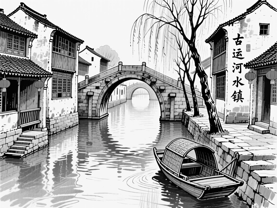 The historic canals of a small Chinese water town reflecting stone bridges.