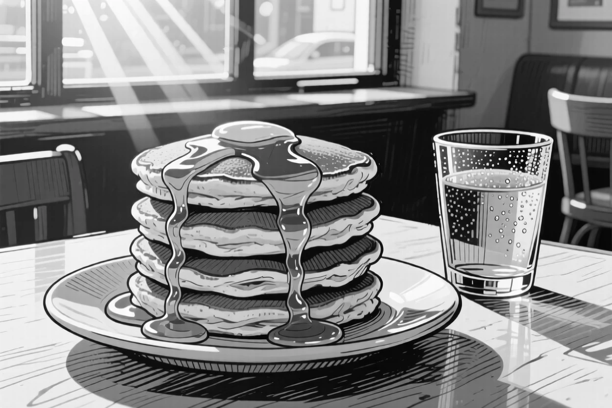 A stack of golden pancakes with syrup set in a sunlit cafe window, with droplets of condensation on a nearby glass, presented in a cozy and satisfying culinary still life.