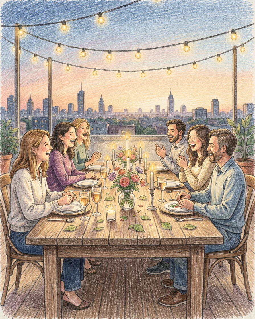 A rooftop dinner party glowing with fairy lights at dusk, with delicate details that reward a closer look, full of charm, emotion, and visual delight.