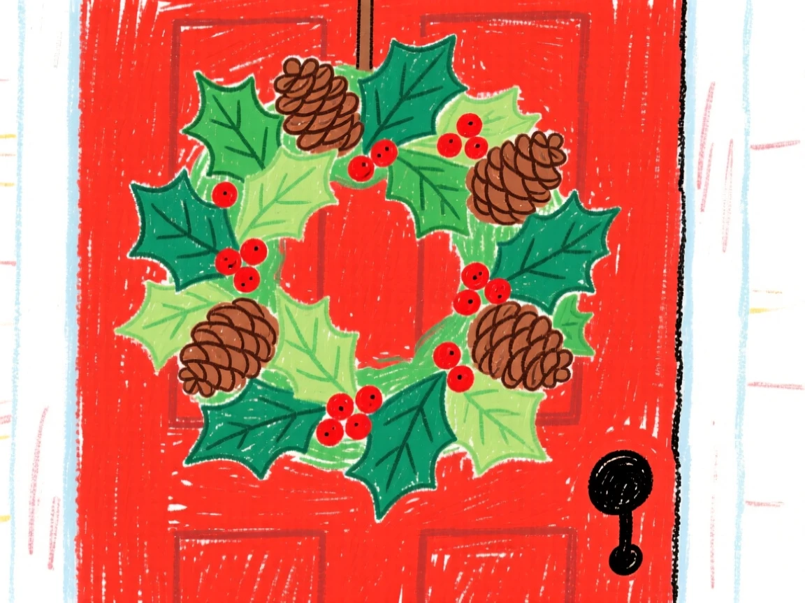 A wreath of holly and pinecones hanging on a red front door.