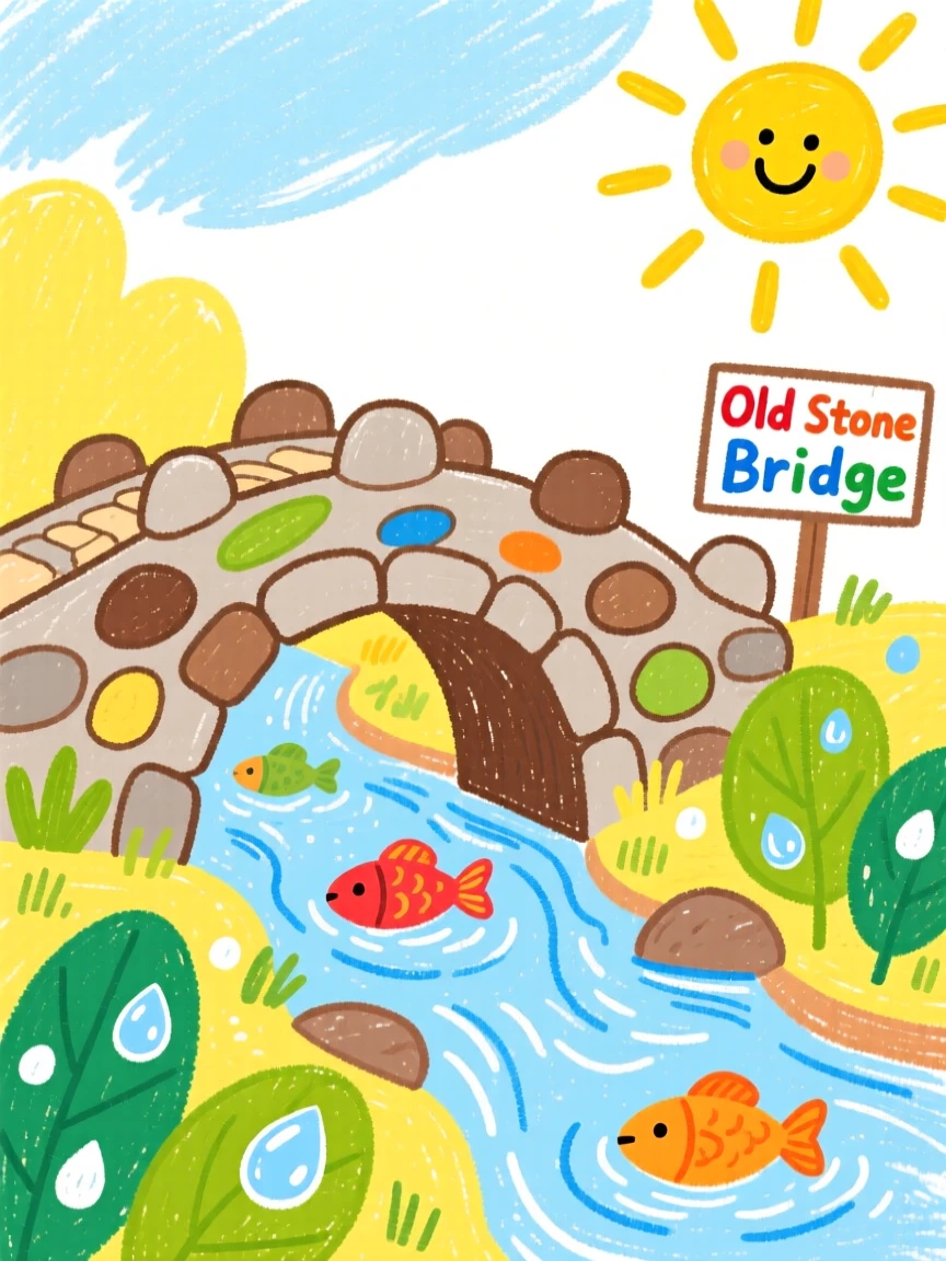 An old stone bridge over a gentle stream as morning dew glistens on every leaf.