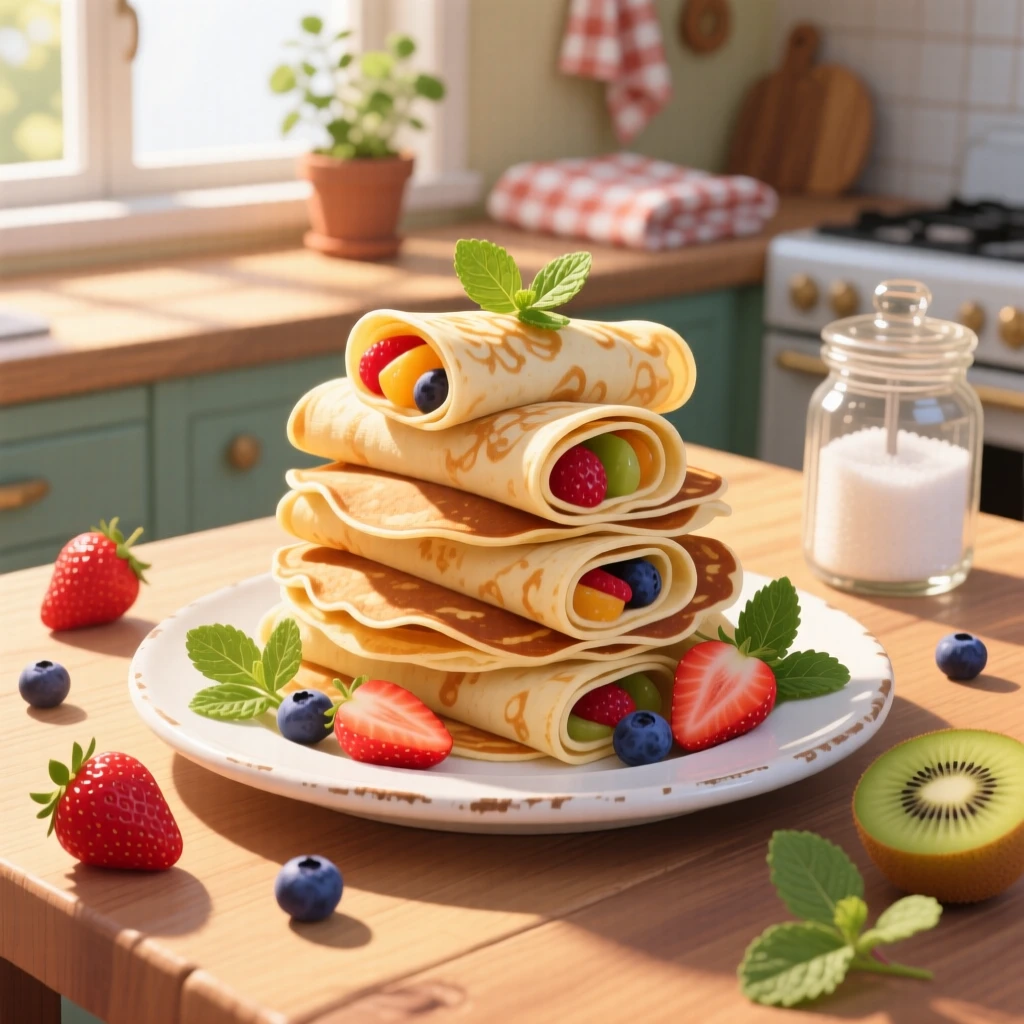 A stack of thin pancakes rolled with fresh fruit filling, set within a cozy sunlit kitchen, arranged with garnishes placed for visual balance, with a joyful, celebratory feel.