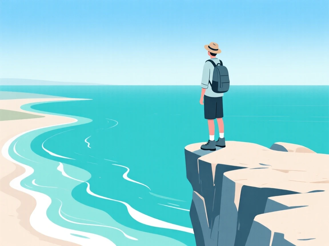 A traveler standing at the edge of a cliff overlooking a turquoise coastline.