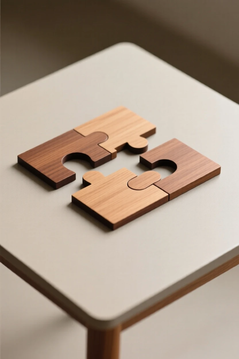 A wooden puzzle half completed on a table