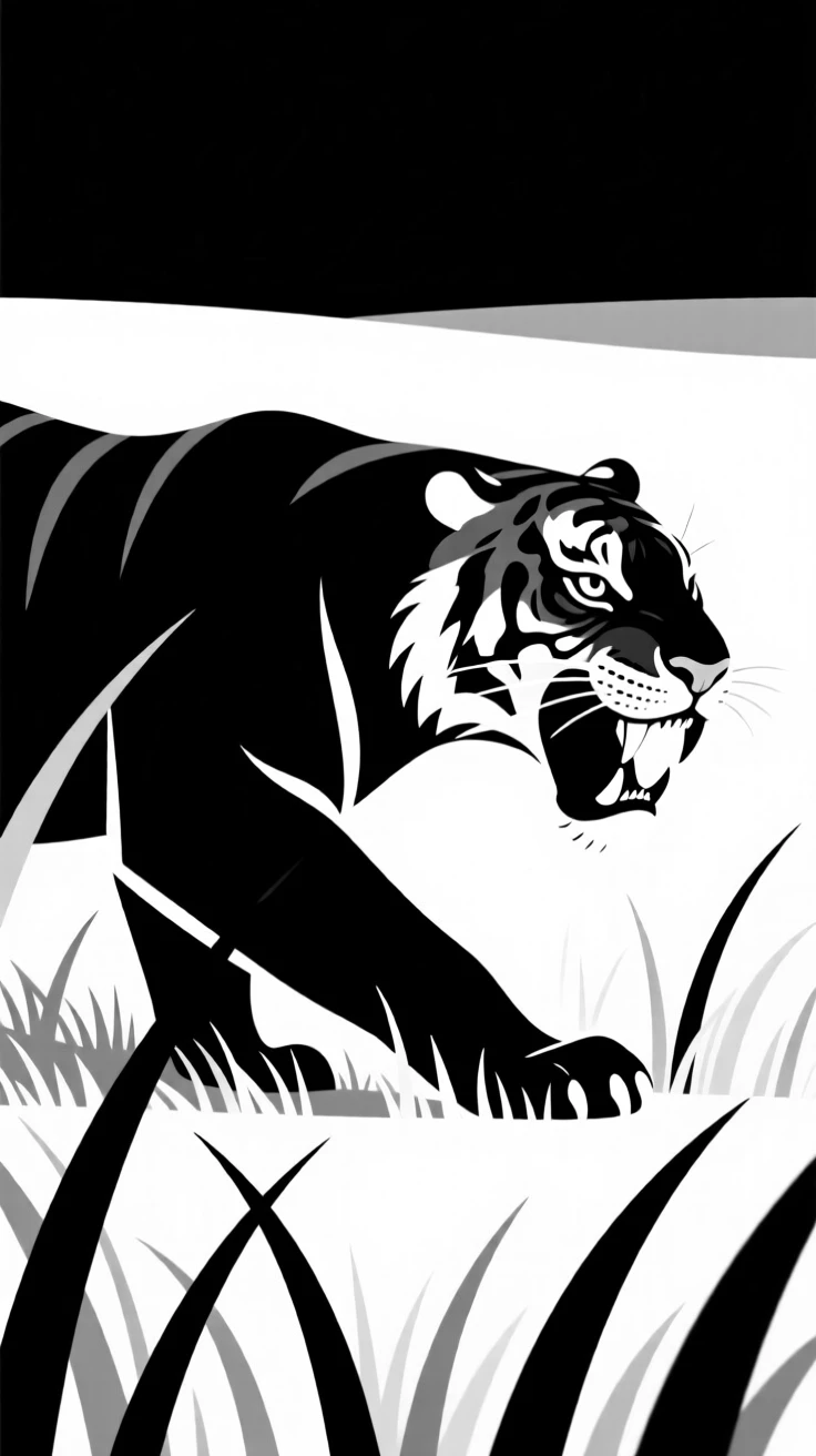 A saber-toothed tiger stalking through prehistoric grassland.
