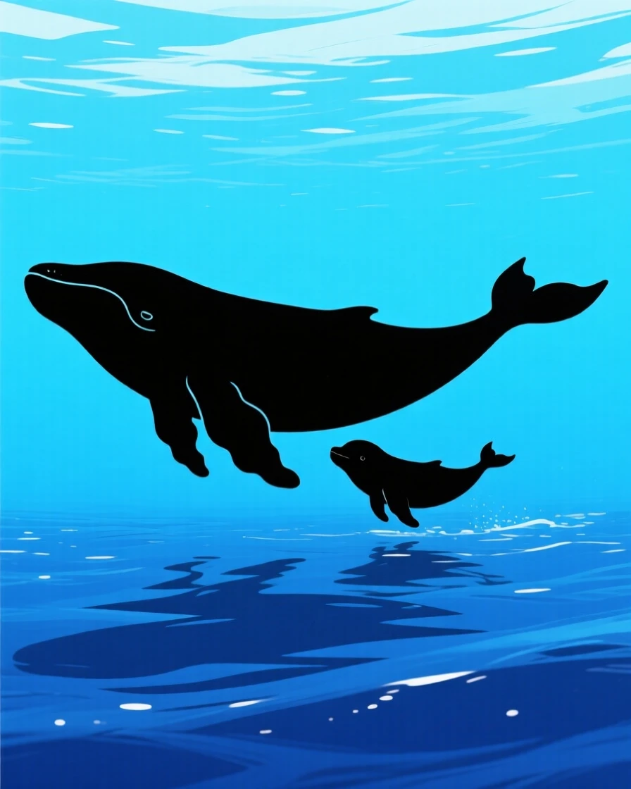 A mother whale swimming beside her calf through open blue water.