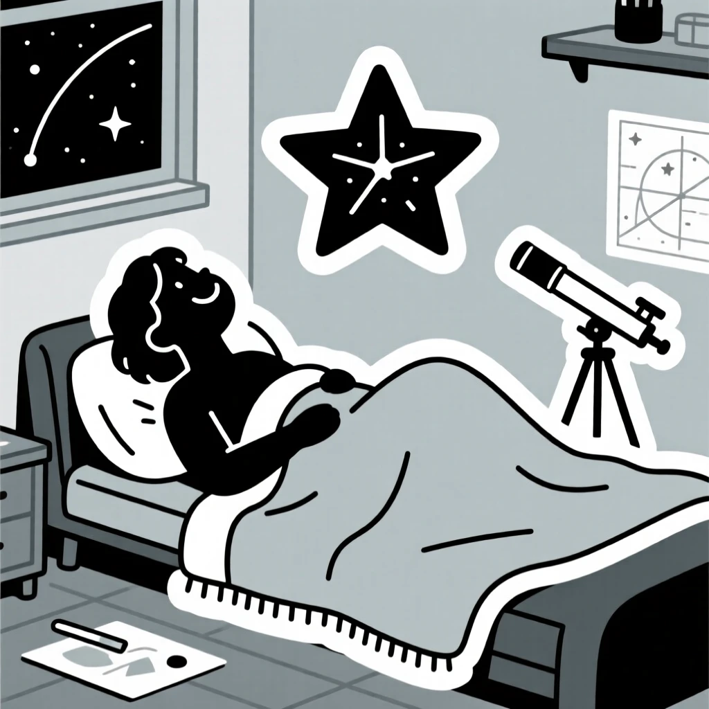 A completely absorbed stargazer lying on a blanket watching meteors, with a warm smile of accomplishment, in a peaceful home corner dedicated to their craft.