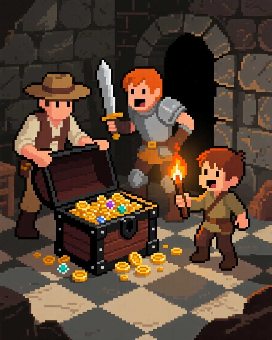 A small band of treasure hunters opening a treasure chest in a torch-lit room, on a checkerboard battlefield of tiles.